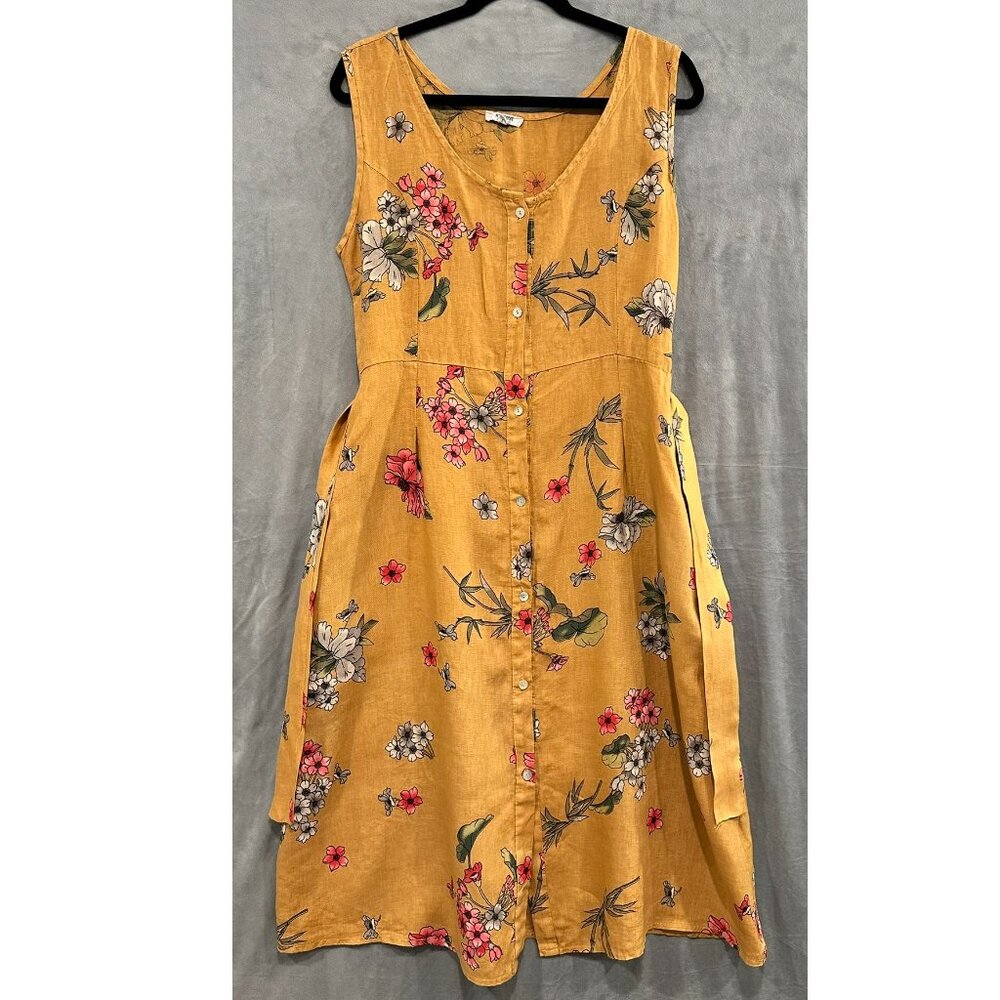 ROSEMARINE Made In Italy 100% Linen Midi Dress Mustard Yellow Floral Button Lrg - Picture 4 of 10